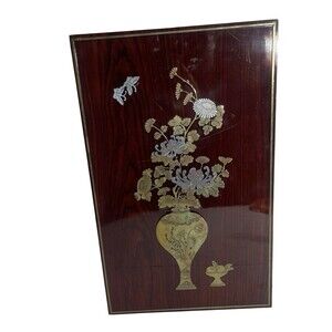 Vintage Asian Wall Hanging Plaque Silver Gold Inlay Birds Lacquer Wood 15" x 9"